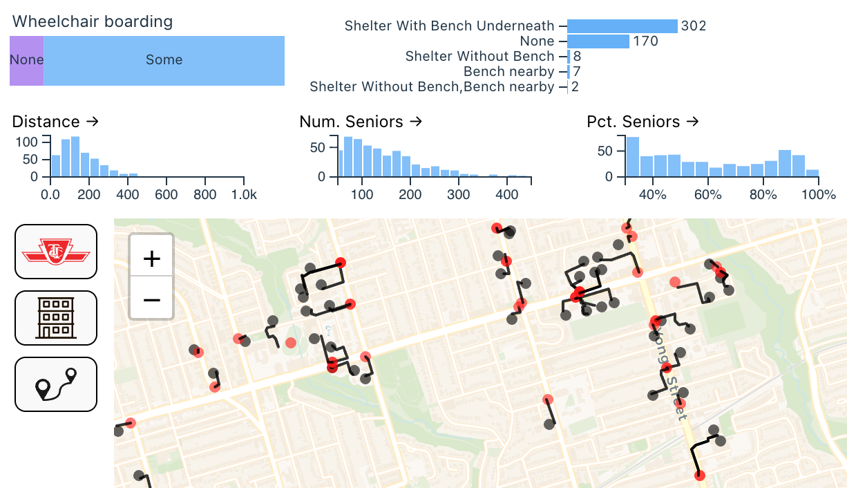 Map of Toronto showing transit stops linked to senior housing buildings